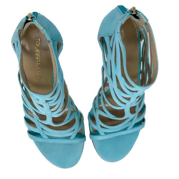 Tamara Mellon aqua/turquoise suede cage strap stiletto sandals size 37.5 US7-7.5 - Picture 4 of 14